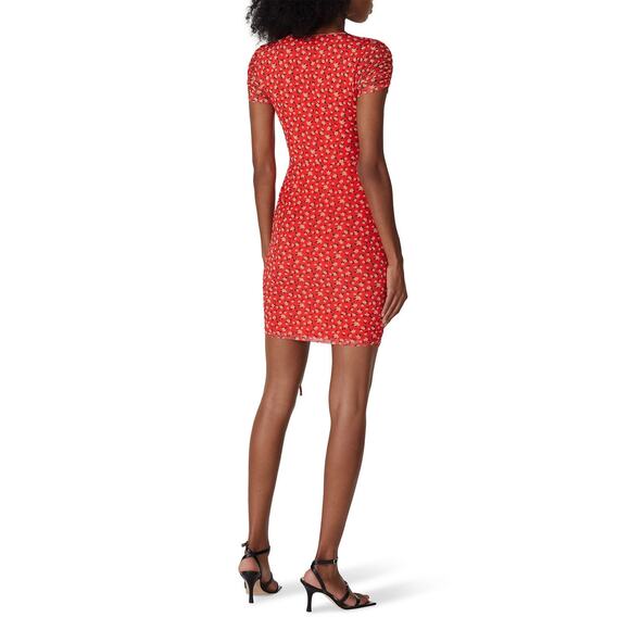 Louna Red Floral Print Mesh Ruched Short Sleeve Scoop Neck Mini Dress Size M - Picture 3 of 13